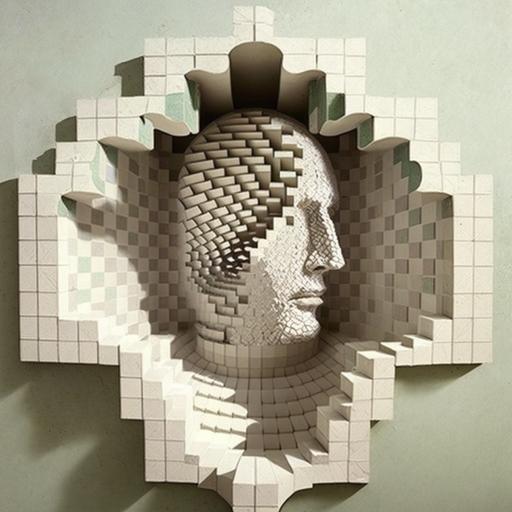 The Mosaic of Thought and Disintegration A Mind-Blowing Brain in Optical Illusion, AI generated art made by Bernardus Muller