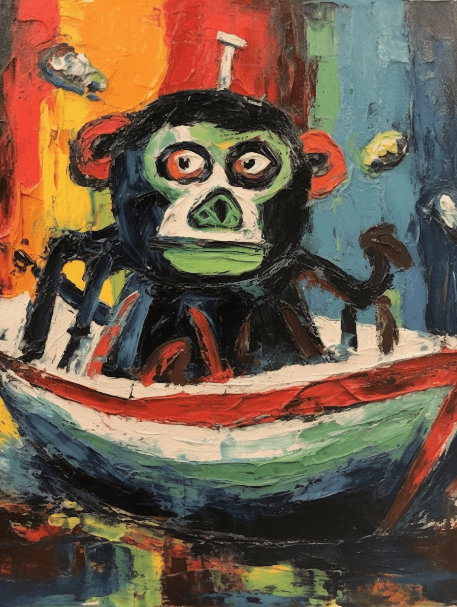 Ape's Ominous Boat Exploration. Cobra art movement tribute collection