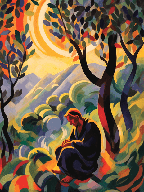 Whispering Leaves Beneath the Olive Tree, AI art from the swirling colors collection by Bernardus Muller