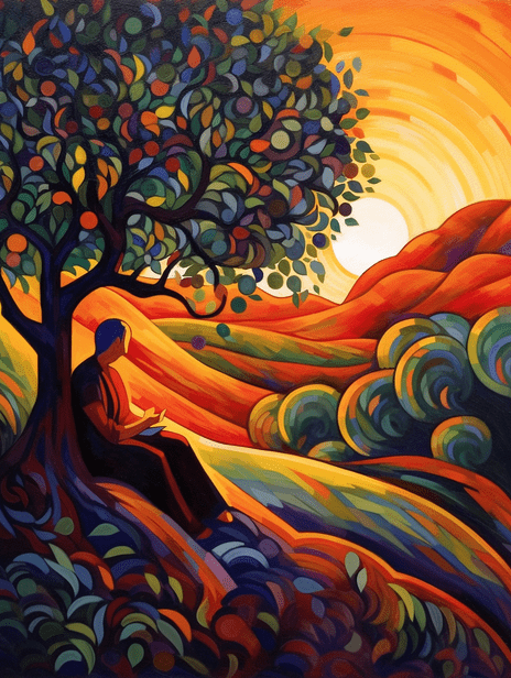 Whispering Leaves Beneath the Olive Tree (3-4), AI art from the swirling colors collection by Bernardus Muller